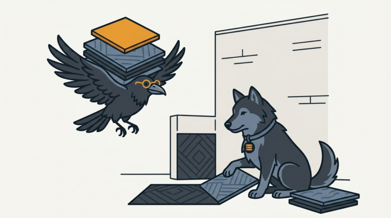 the raven carrying a stack of large wallpaper tiles to a wall, an amber tile, the wolf laying them