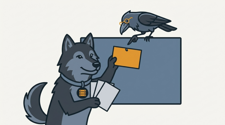 the wolf pinning a fan of plain blank index cards to a slate-blue board, one amber card on top, the raven pointing at it