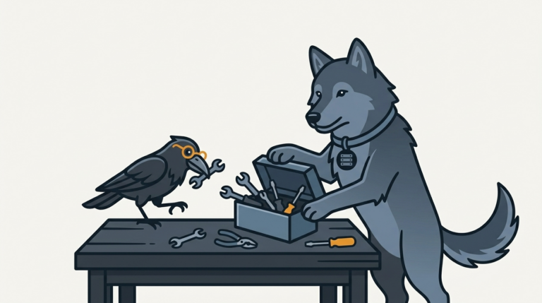 the wolf unpacking a toolbox of small free tools onto a workbench, one amber tool, the raven picking