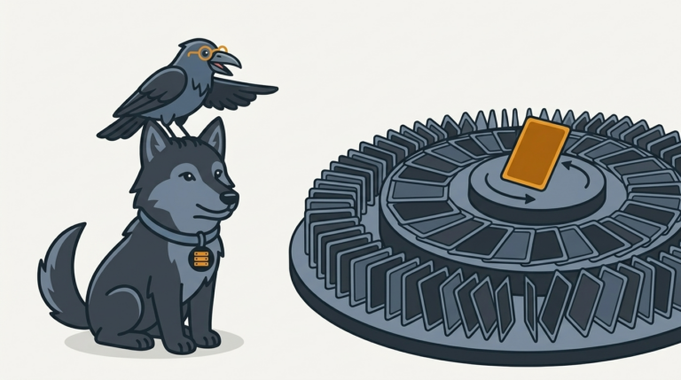 the raven pointing at a spectacular stage of rotating cards, an amber card, the wolf watching