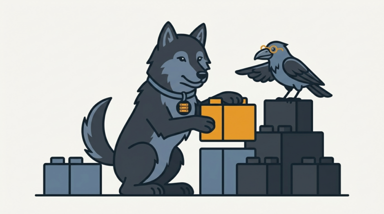 the wolf building a web part for a team page, an amber block, the raven pointing with a wing