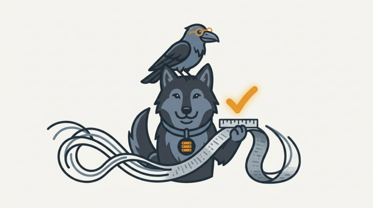 the wolf measuring long address strings with a ruler, an amber tick, the raven perched on top watching