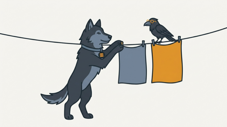 the wolf hanging beta articles along a clothesline, one amber, the raven perched on top watching