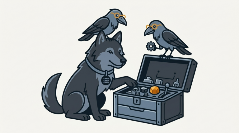 the wolf opening a toolbox of new free controls, an amber control, the raven carrying a spare piece