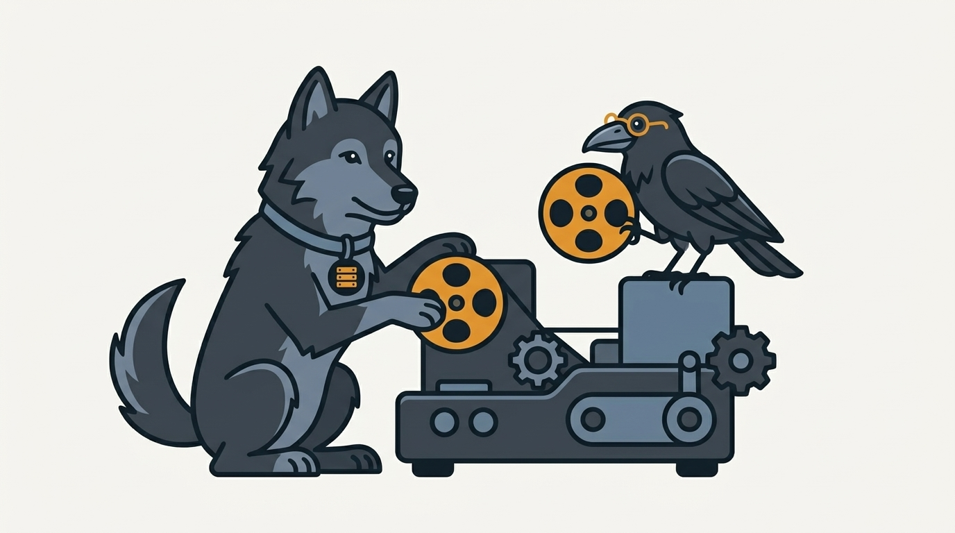 the wolf setting a film reel into a converter machine, an amber reel, the raven holding the other
