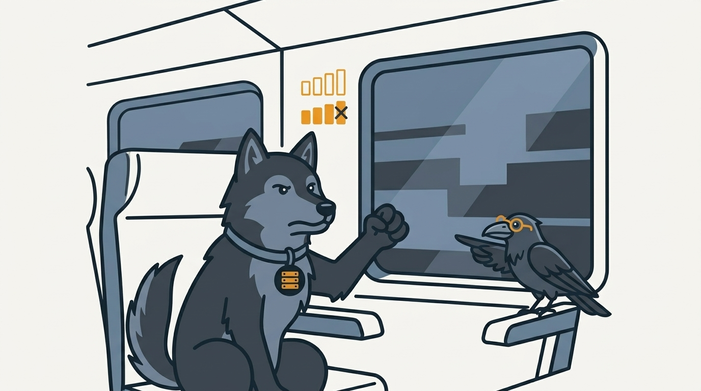 the wolf shaking a fist at a train window with no signal bars, an amber bar, the raven pointing with a wing