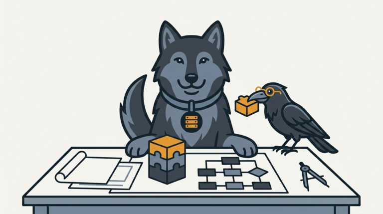 the wolf starting a SharePoint and Silverlight project on a table, an amber block, the raven carrying a spare piece