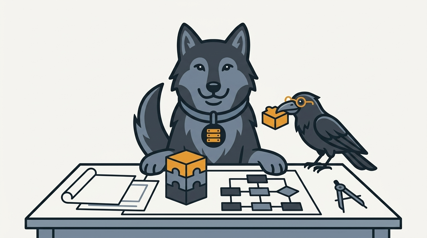 the wolf starting a SharePoint and Silverlight project on a table, an amber block, the raven carrying a spare piece