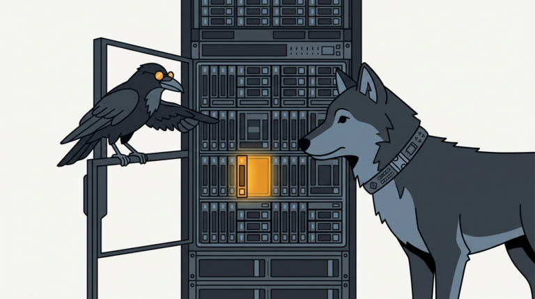 the wolf peering into an open storage server full of drive bays, one bay glowing amber, the raven pointing at it with a wing