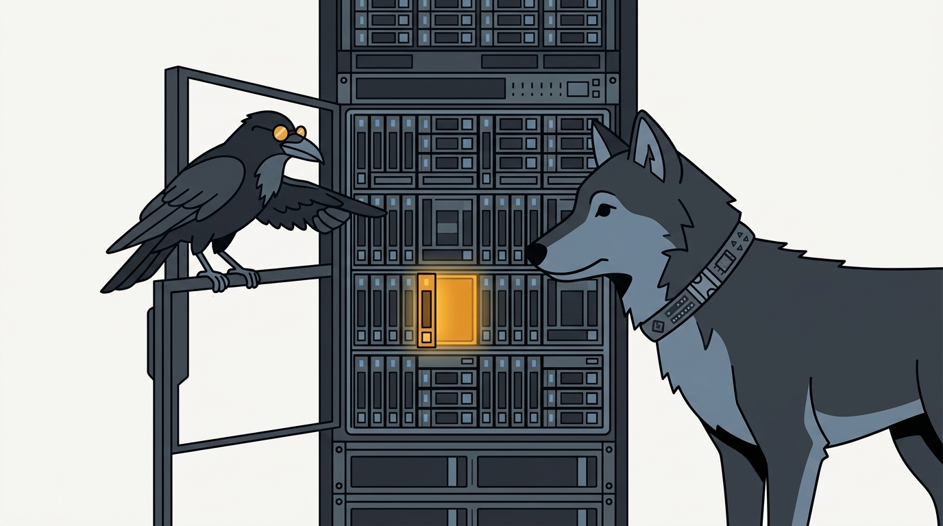 the wolf peering into an open storage server full of drive bays, one bay glowing amber, the raven pointing at it with a wing