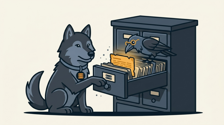 the wolf opening a dusty old database drawer, an amber record, the raven peering
