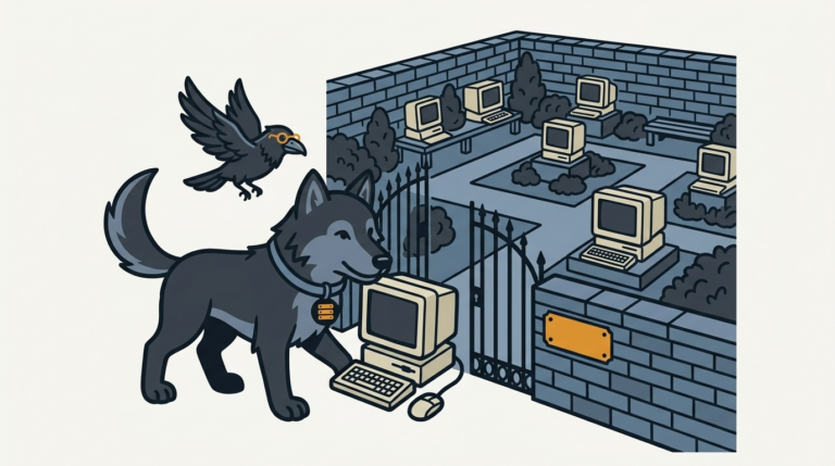 the wolf nudging a newcomer computer through a gate into a walled garden of other computers, one amber name tag, the raven following