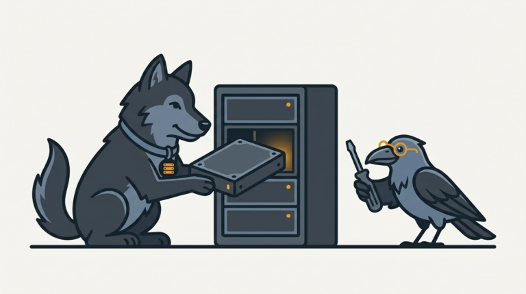 the wolf sliding a new disk drive into an empty bay with an amber light, the raven holding the screwdriver