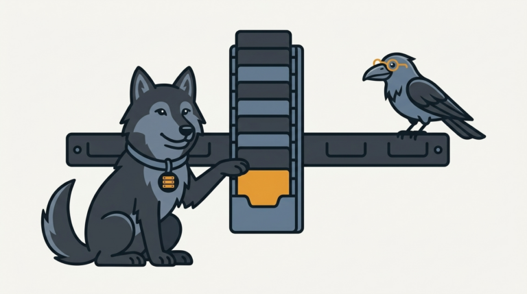 the wolf adding one new blank card to the bottom of a tall stack of blank cards on a wall rail, the new card amber, the raven perched on the rail watching