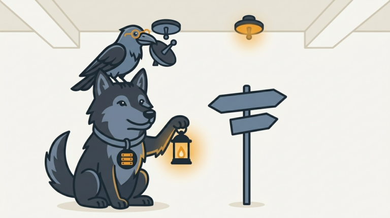 the raven attaching small radio-dish discs to a ceiling, one glowing amber, while the wolf points a lantern at a signpost showing the way to the server