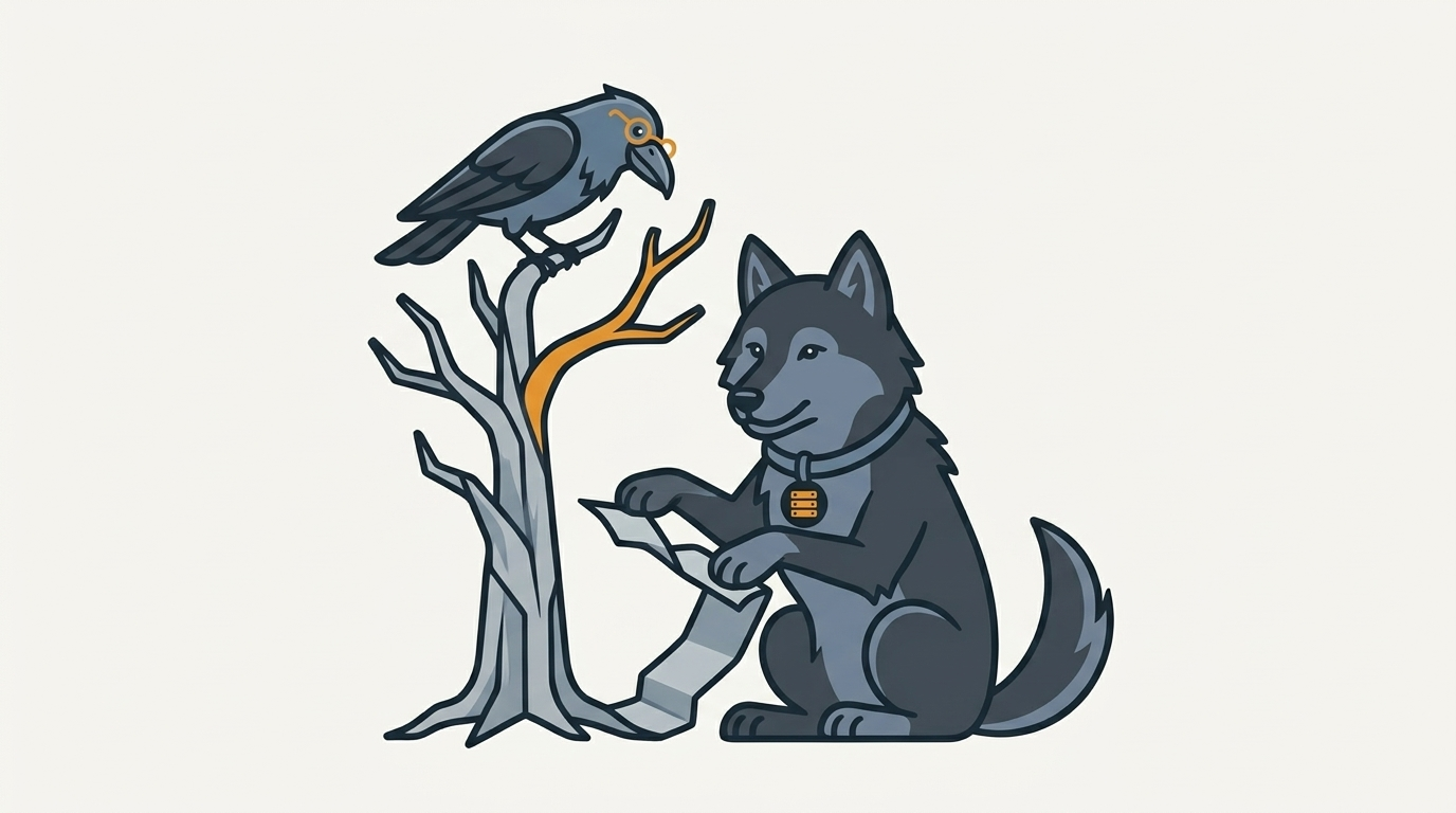 the wolf unfolding a flat strip of paper into a growing tree, one amber branch, the raven peering