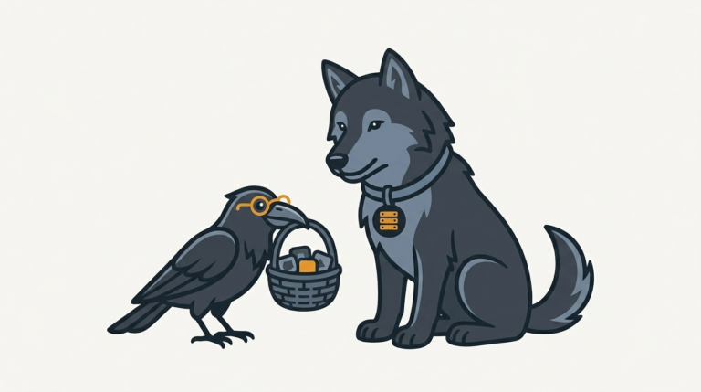 the raven holding a basket of tiny app icons by the handle, one amber icon, the wolf watching
