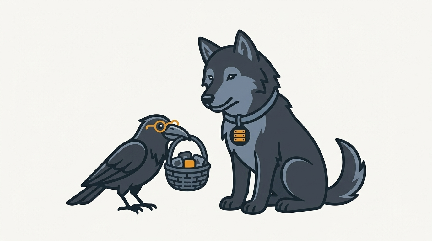 the raven holding a basket of tiny app icons by the handle, one amber icon, the wolf watching