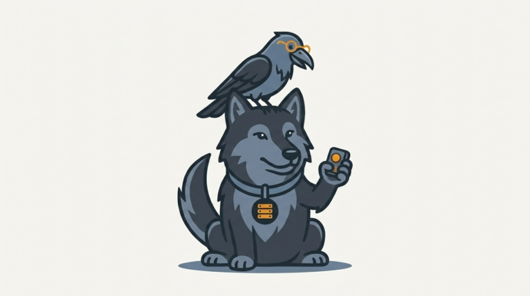 the wolf holding a tiny remote button for an app pool, an amber button, the raven peering