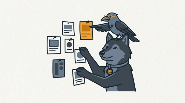 the wolf pinning template cards over a paper wall, one amber, the raven pointing with a wing