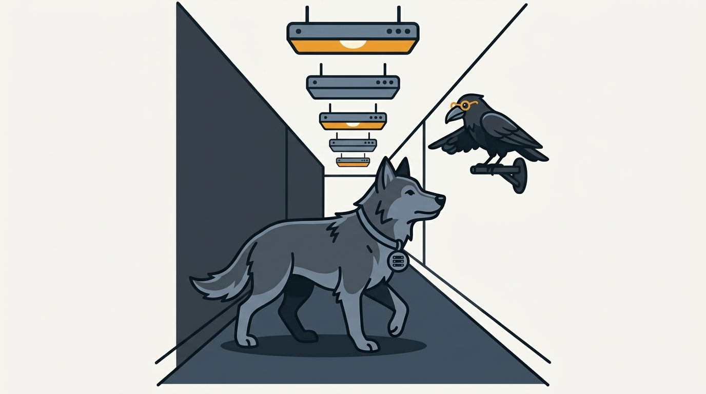 the wolf following a chain of event lamps lit one after another along a hallway, one amber, the raven pointing