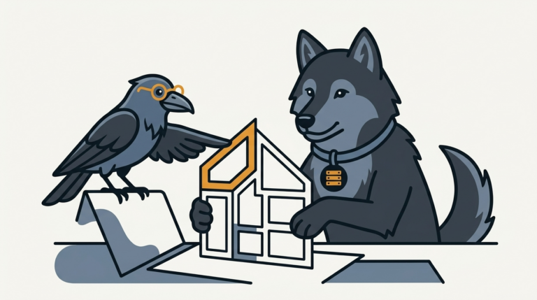 the wolf shaping a template shell page like a house layout, an amber frame, the raven pointing with a wing