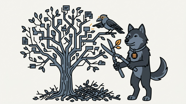 the wolf trimming a messy menu tree with shears, an amber menu leaf, the raven pointing