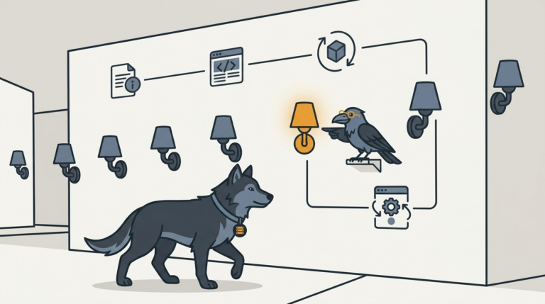 the wolf following a trail of lamps through a page-life cycle path on a wall, one amber lamp, the raven pointing