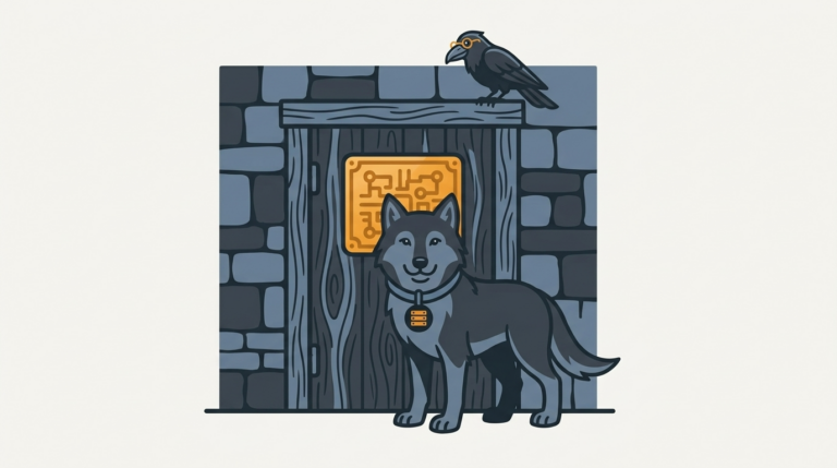 the wolf guarding a door with a role badge, an amber badge, the raven peering