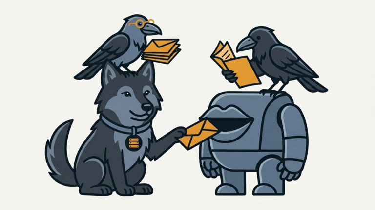 the wolf feeding a letter into a mouth-shaped mail slot of a guard robot, an amber envelope in his paw, the raven reading the replies