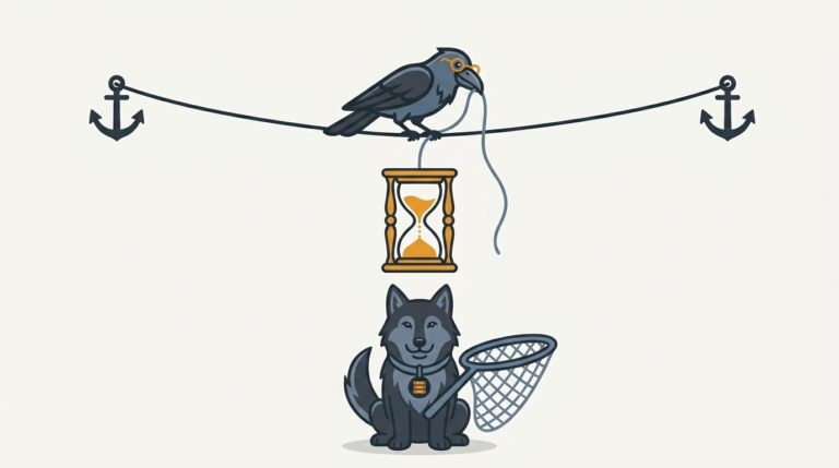 the raven balancing on a tightrope with one trailing task string while the wolf holds a net, an amber hourglass in the middle