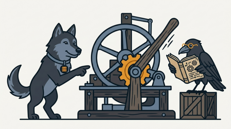 the wolf pointing at a mismatched gear that jams a wheel in an old stage machine, an amber gear, the raven reading the manual