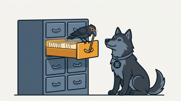 The raven pulling a glowing amber drawer of index cards from a card catalogue while the wolf sits and watches