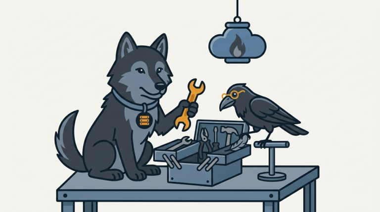 the wolf at a slate-blue metal workbench (no wood, no brown) lifting one amber wrench from an open grey toolbox, a blue cloud-shaped lantern hanging overhead, the raven peering in with a feather
