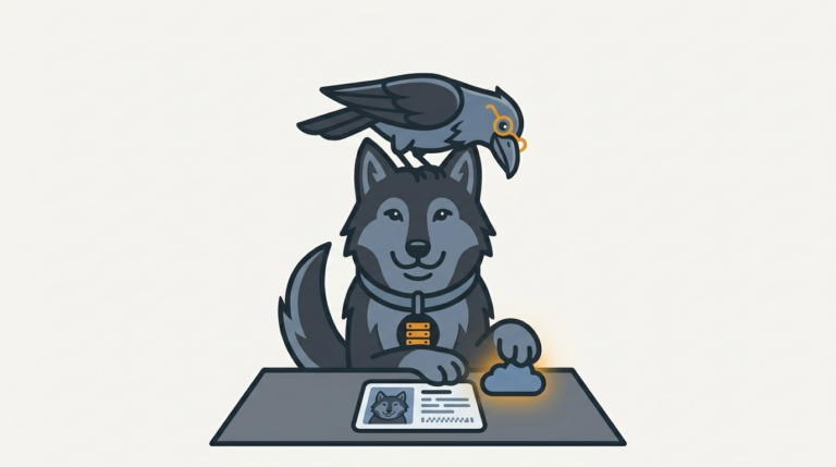 the wolf checking a little cloud-shaped badge against a face on an ID card, the badge glowing amber, the raven peering at it