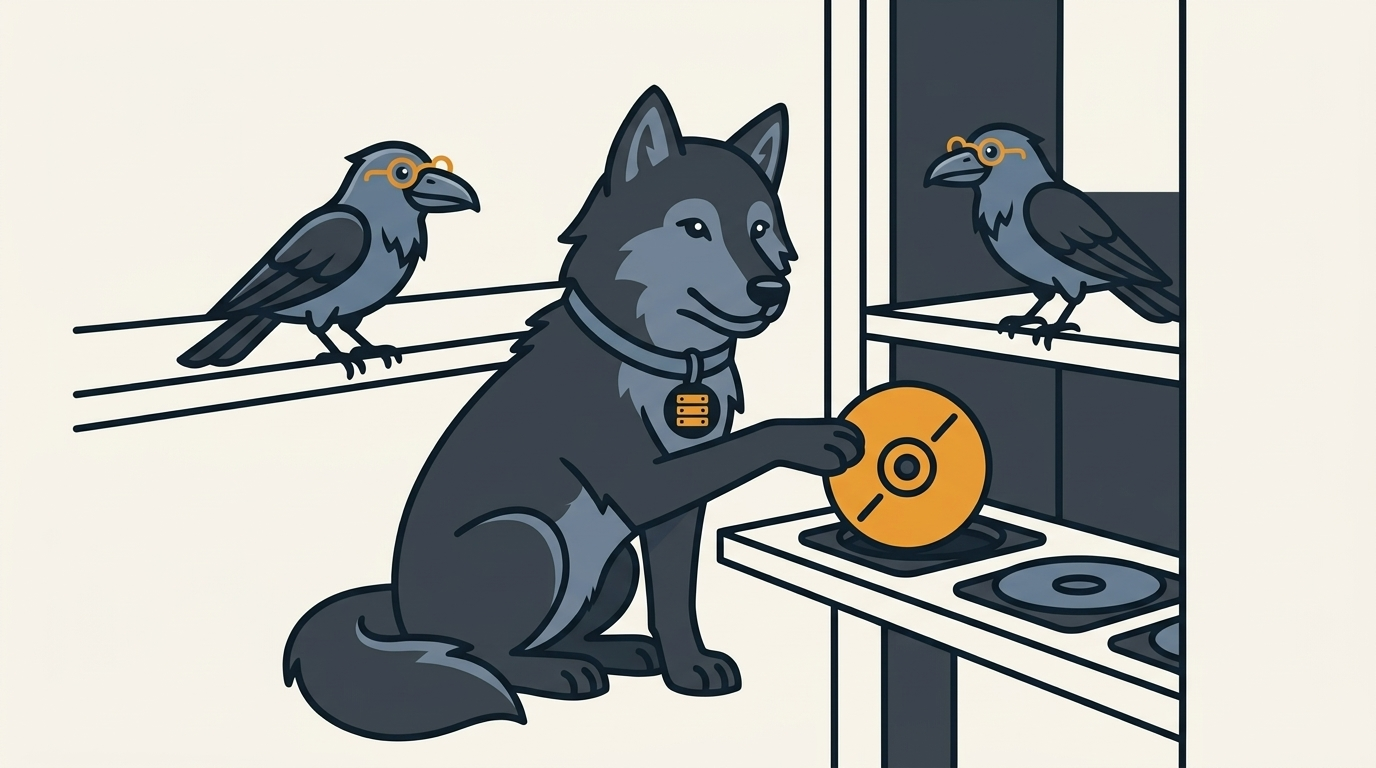 the wolf placing a disk image on a safe shelf, an amber disk, the raven watching