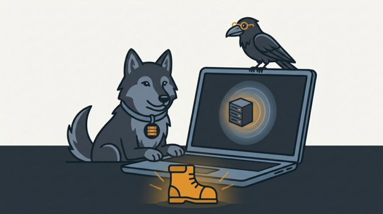 the wolf booting a laptop from a floating disk file, an amber boot, the raven watching
