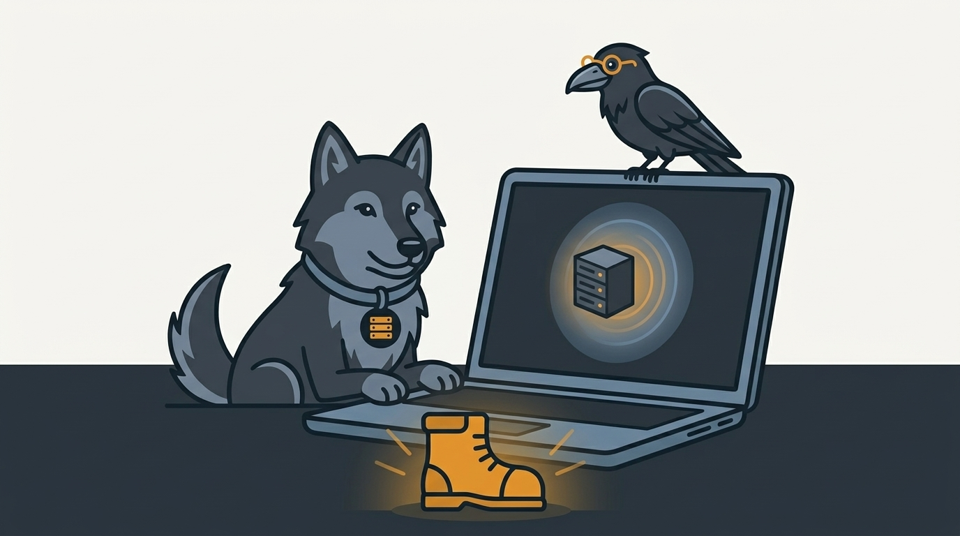 the wolf booting a laptop from a floating disk file, an amber boot, the raven watching