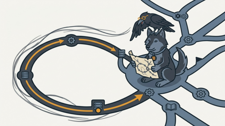 the raven looping around a branching path of a test track with an amber arrow, the wolf holding the map