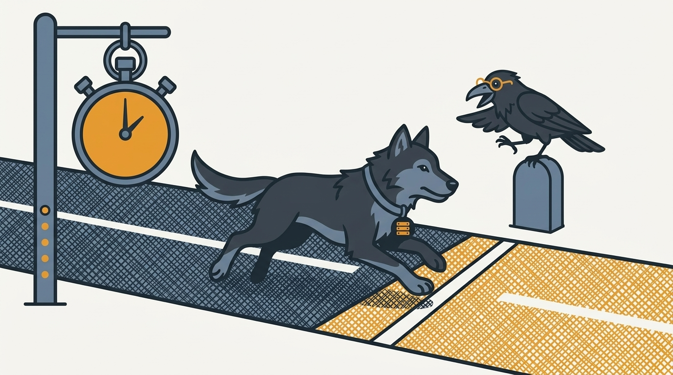 the wolf racing a stopwatch past two roads, an amber road, the raven counting