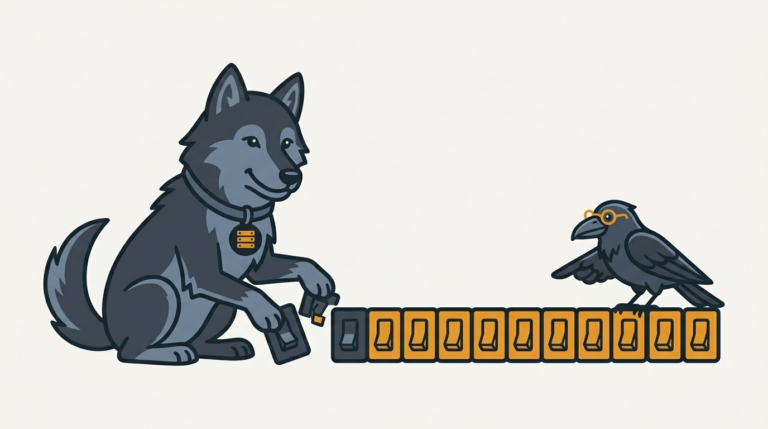 the wolf combining several small lamp switches into one long row, an amber switch, the raven pointing