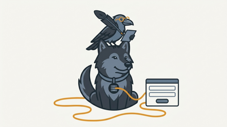 the wolf calling a service from a web part with a long cable, an amber cable, the raven taking notes with a feather