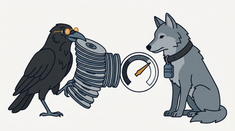 the raven pulling a stack of disk platters wider like an accordion while the wolf watches a gauge go from full to roomy