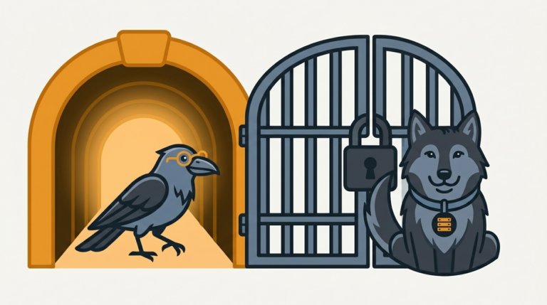 the raven walking through a padlocked glowing tunnel into a company, the tunnel entrance amber, the wolf guarding the gate