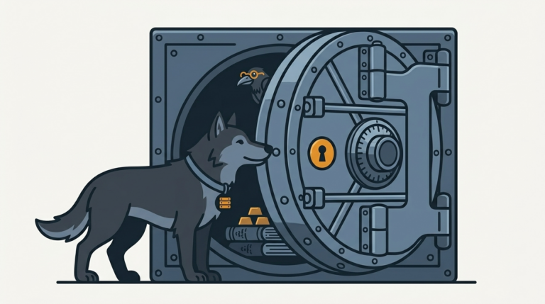the wolf opening a privately guarded door of an old, very-heavy vault, an amber keyhole, the raven peeking inside