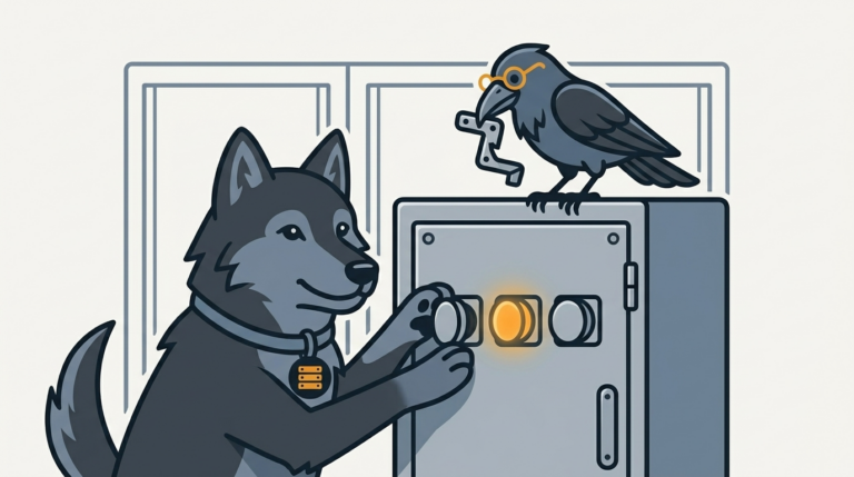 the wolf fitting three blank round plugs into three blank sockets on a plain server door, one plug glowing amber, the raven tightening a bracket with its beak