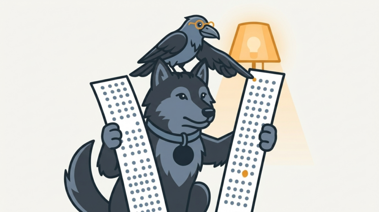 the wolf holding up two long strips of identical small grey dots side by side against a lamp, one single amber dot on the right strip has no partner, the raven pointing at it with a wing