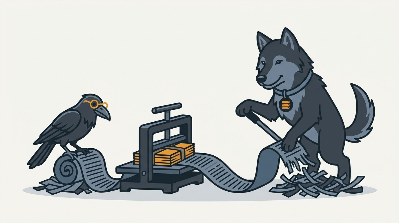 the wolf squeezing a long scroll of log paper into a small bundle with a press, one amber bundle, the raven shredding the oldest sheets