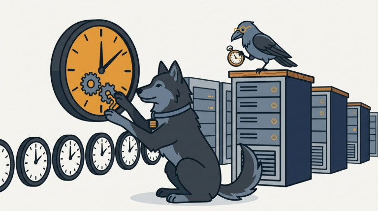 the wolf winding a big amber clock on the wall of a server room while a row of smaller clocks all tick in step, the raven checking its watch