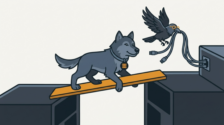 the wolf bridging two virtual boxes with a plank, an amber plank, the raven carrying a cable